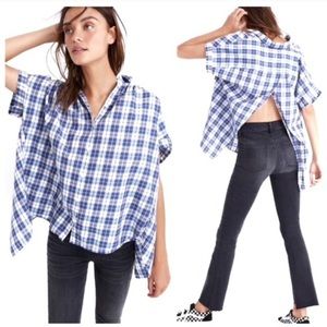 Madewell plaid open back baggy shoulder denim top